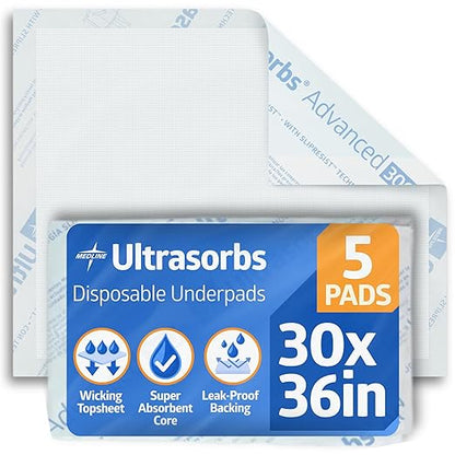 Medline Ultrasorbs Bed Pads Disposable Adult, Advanced Premium Ultra Thick, 30x36, 5 Count, Chucks Pads Disposable Adult, Heavy Duty Chux Pads, for Incontinence, Full Body Coverage