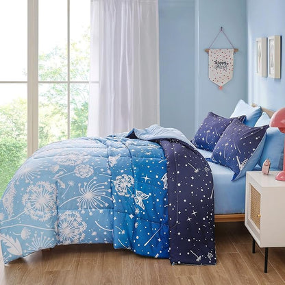 Menghomeus Queen Size Comforter Set for Boys Girls 7 Pieces Bed in A Bag Ombre Blue Rainbow Bedding Set Dandelion Butterfly Print Kids Teen Bedding Collections