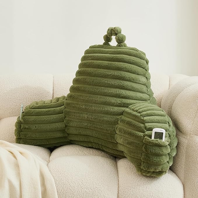 WERDIM Reading Pillow for Sitting in Bed, Faux Fur Back Pillow for Rest, Bed Chair Pillow with Arms and Pockets(XLarge, Sage)