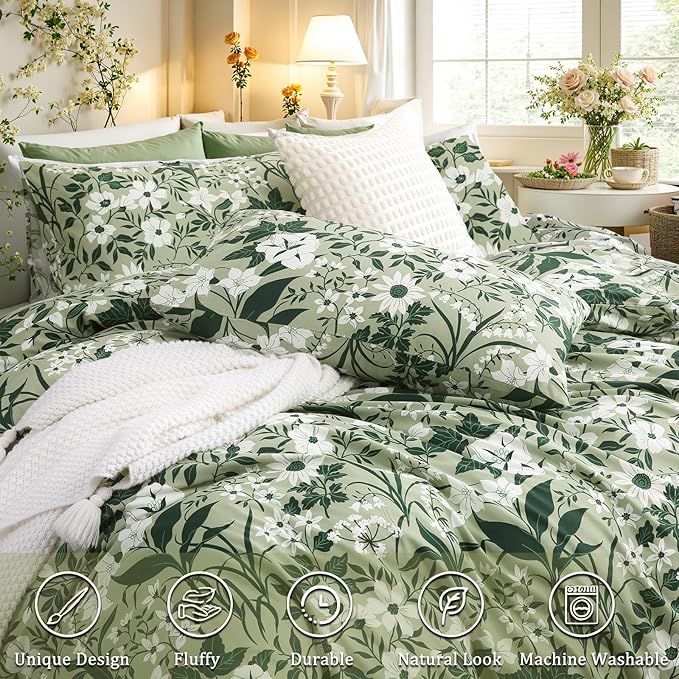 Green Floral Duvet Cover King 100% Cotton Decorative Emerald Duvet Cover 3 Pcs Set Dark Green Botanical Duvet Cover with Zipper Ties 2 Pillowcases Tropical Floral Bedding