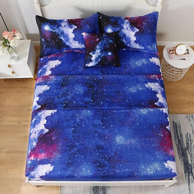 6Pcs Galaxy Comforter Set with Sheets for Kids Boys Girls Teens, Outer Space Themed Bed in a Bag Queen Size, Dark Blue 3D Printed Bedroom Decor Bedding Set