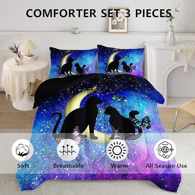 Black Cat Bedding Cartoon Cat Comforter Set Twin,Butterflies Moon Printed Kids Bedding Set for Kids Boys Girls Adults Teens,Kids Comforter Set All Season,1 Quilt 2 Pillow Cases,Blue