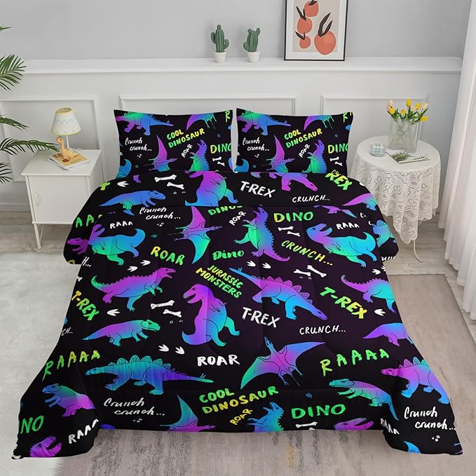Axolotl Cartoon Dinosaur Bedding Set King Size,Gradient Dinosaur Comforter for Kids Teens,Colorful Dino Kids Bed Set,Monsters Bedding for Boys Girls Adults,1 Quilt with 2 Pillowcases All Season,Black
