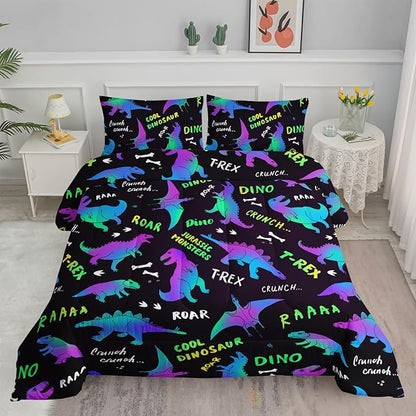 Axolotl Cartoon Dinosaur Bedding Set King Size,Gradient Dinosaur Comforter for Kids Teens,Colorful Dino Kids Bed Set,Monsters Bedding for Boys Girls Adults,1 Quilt with 2 Pillowcases All Season,Black