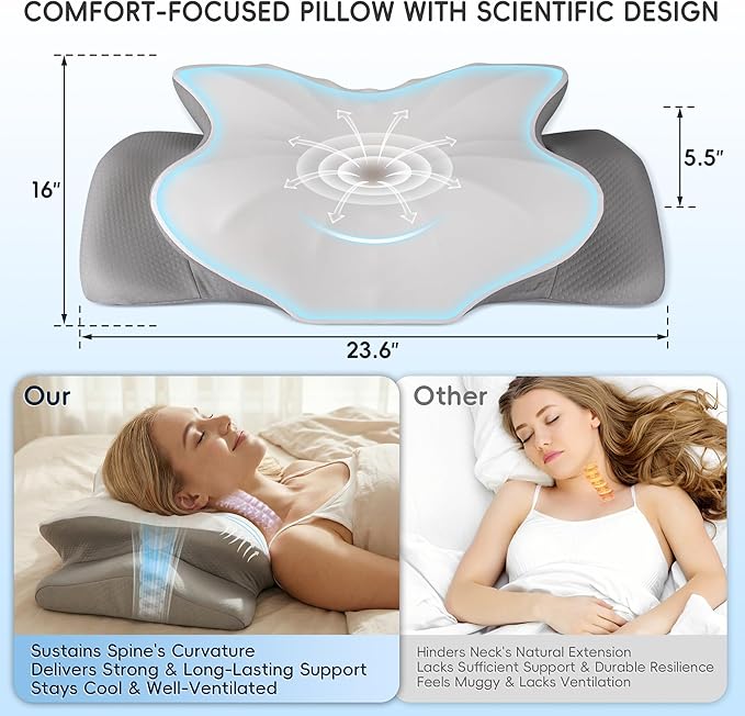 Cervical Neck Pillow, Ergonomic Side Sleeper Pillow for Pain Relief, Cooling Pillow for Sleeping, Neck and Shoulder, Contour Orthopedic Memory Foam Pillows for Back Stomach Sleepers White Grey