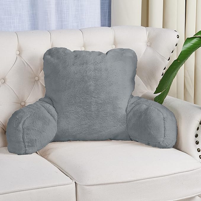 Home Soft Things Fox Faux Fur Bedrest Reading Pillow with Handle and Side Pocket, Backrest Armrest Pillow Back Support for Sitting up in Bed, 20" x 18" x 17", Cloudburst