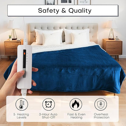 Heated Electric Blanket Throw Size 50"x60" Thickened Flannel and Sherpa Heated Blanket,3 Hours Timer Auto-Off & 5 Heating Levels,for Bedroom Office Couch-DarkBlue