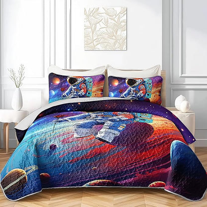 AILONEN Kids Astronaut Quilt Set - Twin Galaxy Outer Space Themed Soft Bedspread Coverlet - Dreamy Planets Rose Printed Astronaut Cartoon Quilted Bedding + 2 Pillowcases