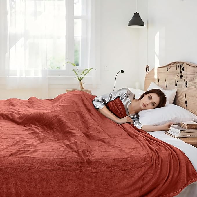 Electric Heated Blanket 84"x90" Queen Size Flannel Heated Blanket, Cozy & Warm for All Night, 5 Heat Settings & 10 Hours Auto Off, Machine Washable-Brick Red