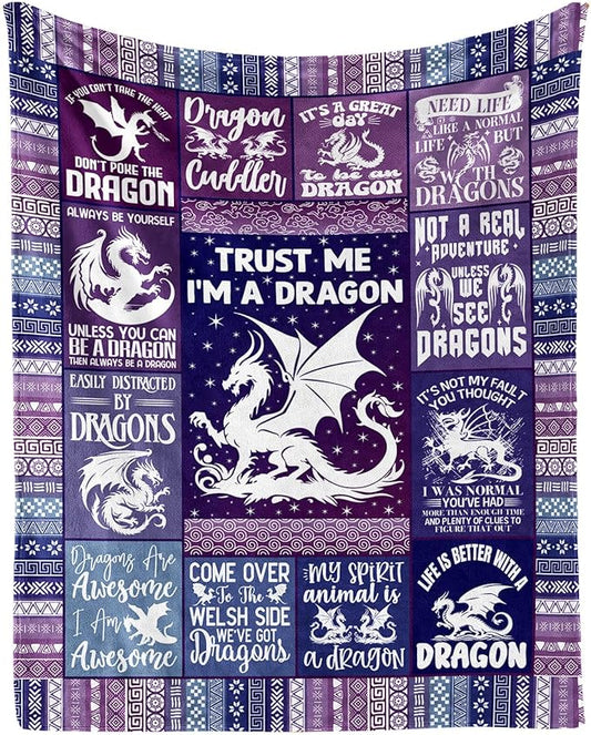 Dragon Blanket for Boys Girls, Cute Dragon Themed Design Printed Purple Throw Blankets for Kids Lap, Chair Sofa, Warm Soft Cozy Blanket, 40"x 50"
