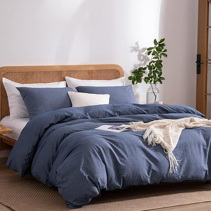 Blue Duvet Cover King, 100% Washed Cotton Linen Like Textured Solid Color Casual Modern Style Blue Bedding Set, with Zipper Closure, Luxury Soft Relaxed Feel Natural Wrinkled Comfy (3pcs, King)