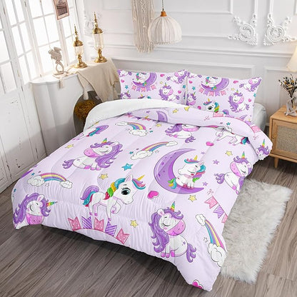 Axolotl Purple Unicorn Comforter Set King Size,Kids Bedding Set for Girls,Cute Unicorn Rainbow Bedding with Stars,3Pcs Cartoon Stars Printed Bed Set 1 Comforter 2 Pillowcases All Seasons