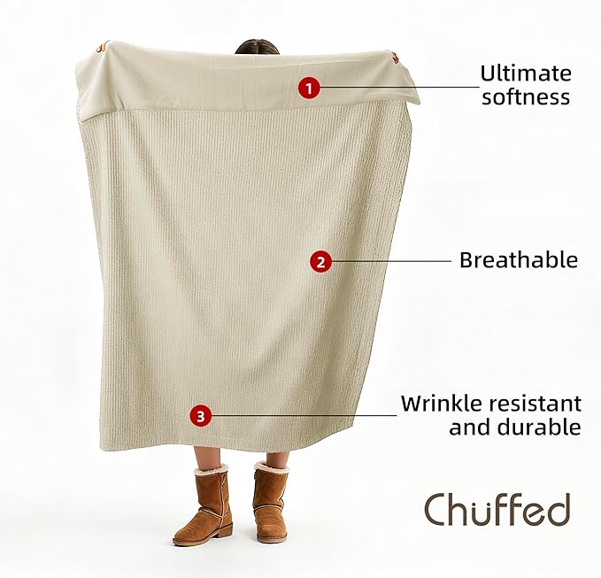 CHUFFED Cotton Waffle Blanket Queen Size - Plush Milk Velvet & Reversible Waffle Weave,Anti-Static 500Gsm Design，Thick Cozy Soft Winter Blanket for Bed, Couch, Sofa - Beige, 90x90 Inches