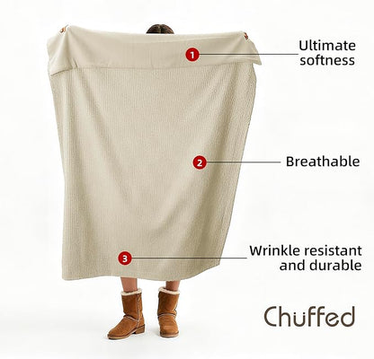 CHUFFED Cotton Waffle Blanket Queen Size - Plush Milk Velvet & Reversible Waffle Weave,Anti-Static 500Gsm Design，Thick Cozy Soft Winter Blanket for Bed, Couch, Sofa - Beige, 90x90 Inches