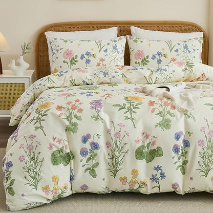 100% Cotton Duvet Cover King Size – Botanical Garden Print, Green Floral Duvet Cover Set with Zipper Closure, 3-Piece Soft Breathable Natural Cotton Bedding Set for All Seasons