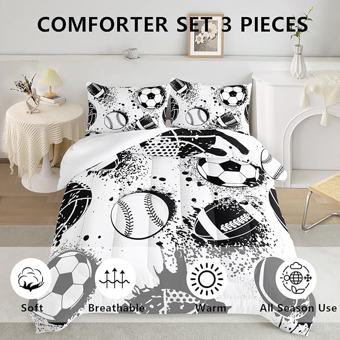 Axolotl Ball Sports Comforter Set King,Football Soccer Bedding for Boys,Football Baseball Game Comforter,Baseball Sport Bedding,Hip Hop Graffiti Artwork Bed Set for Kids Men,1 Quilt 2 Pillowcases