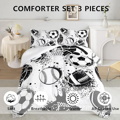 Axolotl Ball Sports Comforter Set King,Football Soccer Bedding for Boys,Football Baseball Game Comforter,Baseball Sport Bedding,Hip Hop Graffiti Artwork Bed Set for Kids Men,1 Quilt 2 Pillowcases