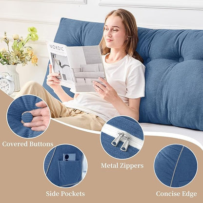 Sasttie Headboard Pillow Twin/Twin XL, Wedge Pillow Headboard for Dorm, Triangular Daybed Backrest Cushion for Sitting or Reading in Bed, with Removable Washable Cover, Blue