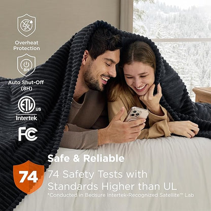 Bedsure GentleSoft Electric Blanket Queen Size - Soft Ribbed Flannel Heated Blanket with Dual Control, Heating with 10 Heat Settings & 10 Time Settings, 8 hrs Timer Auto Shut Off (84x90 inches, Black)