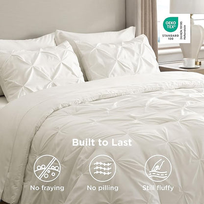 Bedsure Twin Comforter Set Ivory - Bed in a Bag Twin Size Bedding 5 Pieces, GentleSoft™ Pintuck Bed Set Gift for Family, Pinch Pleat Ivory Comforter with Sheets, Pillowcase & Sham