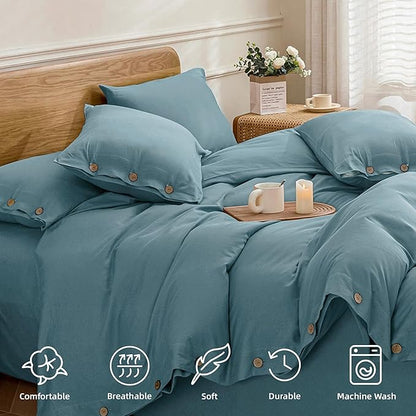 JELLYMONI Cotton Duvet Cover Twin Size - Grayish Blue Comforter Cover with Button 100% Washed Cotton 2PCS Breathable Soft Solid Bedding Set Duvet Cover 68×90in & 1 Pillowcase (NO Comforter)