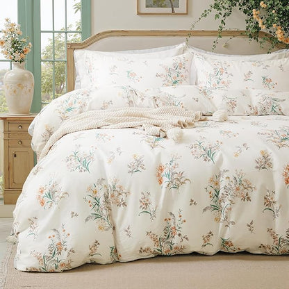 Duvet Cover Set Queen Size Vintage Style Garden Floral Duvet Cover 100% Cotton 3 Pcs Chic Floral Comforter Cover with Zipper Botanical Coquette Duvet Cover Set Ultra Soft & Breathable