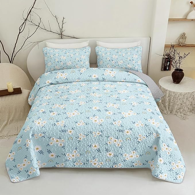 QOOMO Daisy Quilt Set King Size,Rainbow Bedspread Coverlet Set,Floral 3Pcs Bedding Set Printed Quilt with 2 Pillowcases,Soft and Lightweight,for All Seasons