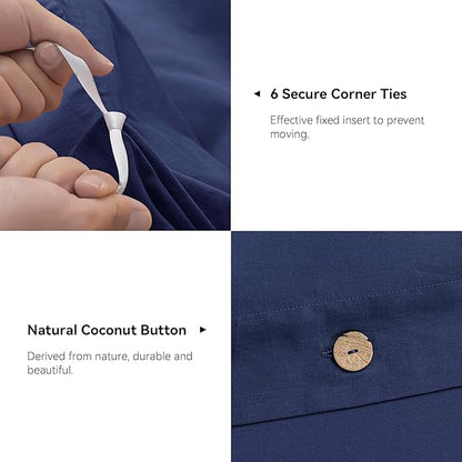 JELLYMONI Cotton Duvet Cover Twin Size - Navy Blue Comforter Cover with Button 100% Washed Cotton 2PCS Breathable Soft Solid Bedding Set Duvet Cover 68×90in & 1 Pillowcase (NO Comforter)