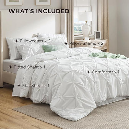 Bedsure California King Comforter Set White - Bed in a Bag Cal King Bedding Set 7 Pieces, GentleSoft™ Pintuck Bed Set Gift for Family, Pinch Pleat White Comforter with Sheets, Pillowcases & Shams