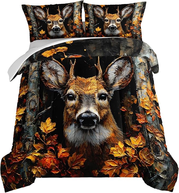 HOSIMA Deer Queen Comforter Set,Brown Deer in Forest Print Animal Bedding for Teens Boys Room Decor,Maple Leaves Pattern Hunting Themed Fluffy Wildlife Bedding Sets with 2 Pillowcases.