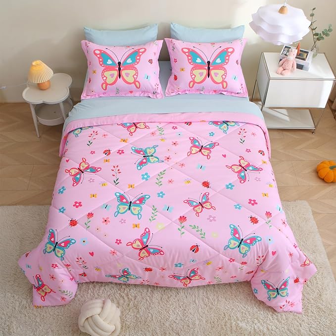 Pink Butterfly Comforter Set Twin Size for Girls Kids Teens 7 Piece Bed in A Bag Colorful Flower Leaves Bedding Set All Season Lightweight