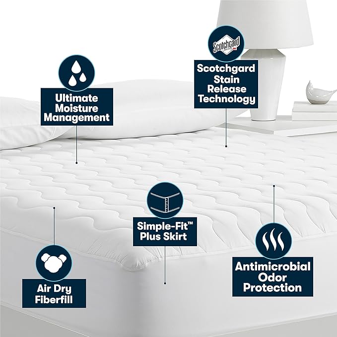 Serta Air Dry Basic Comfort Performance Fabric Quilted Mattress Pad, Cooling and Breathable Mattress Cover, Moisture Wicking Protection with 15" Deep Pocket, Queen, White