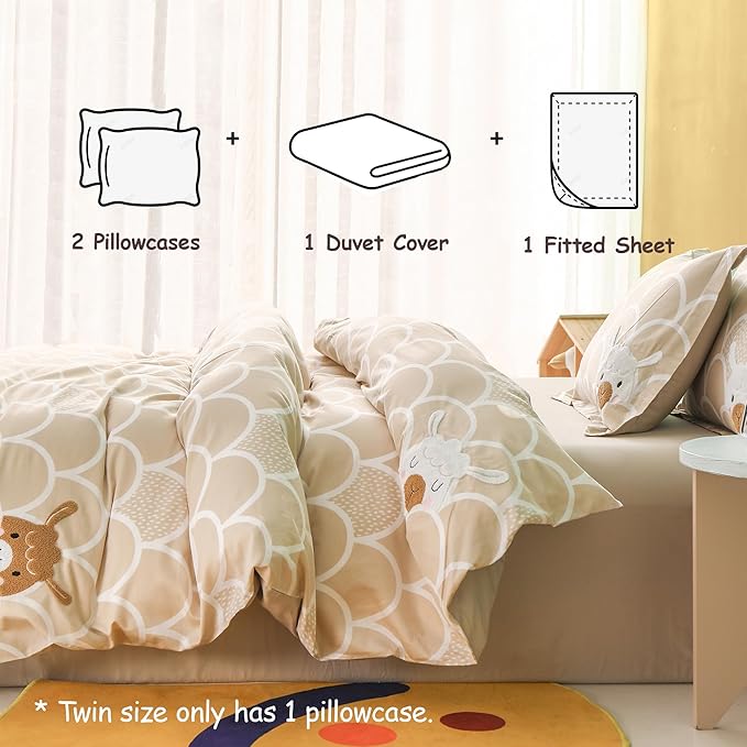 Simple&Opulence 100% Organic Cotton Duvet Cover for Kids Teens, 4 Pieces Soft Comforter Cover with Zipper Closure Boy Girl Warm Adorable Bedding Set - Alpaca, Full/Queen