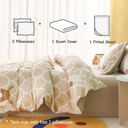 Simple&Opulence 100% Organic Cotton Duvet Cover for Kids Teens, 4 Pieces Soft Comforter Cover with Zipper Closure Boy Girl Warm Adorable Bedding Set - Alpaca, Full/Queen