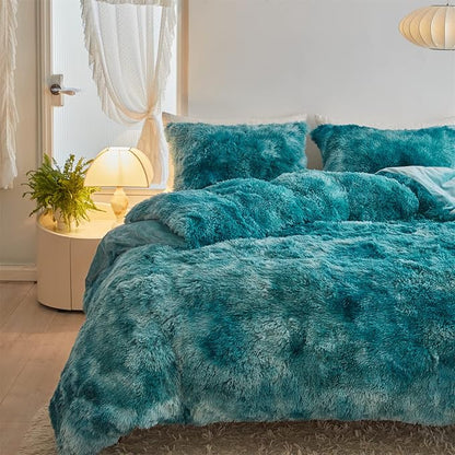 Wajade Faux Fur Plush White Comforter Set Fluffy Fuzzy Shaggy Bedding Set - 3PC Full/Queen Microfiber Soft Warm Quilt Set (Tie Dye Teal, King)