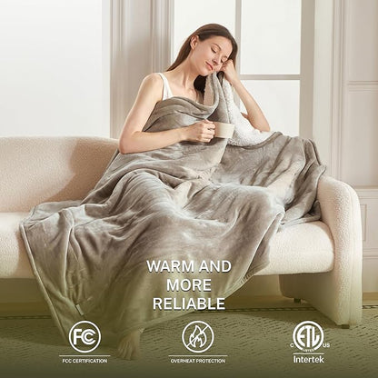 Heat Blanket 72”x84” Full Size,Soft Flannel & Sherpa Reversible Electric Blanket with 10 Heat Settings,12 Timer Setting and 8 Hours Auto-Shut Off,ETL Certified Machine Washable,Light Brown