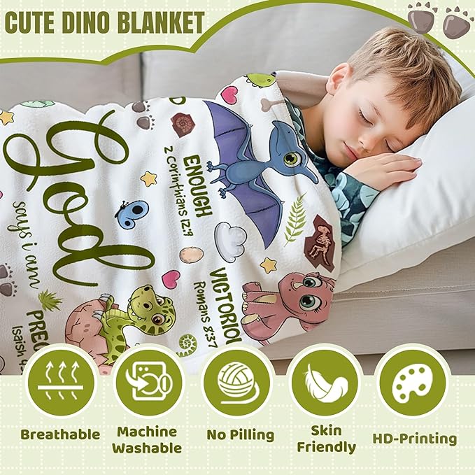 Bible Verse Blanket, Christian Gifts, God Says I am Print Dinosaur Blankets, Meaningful Thoughtful Religious Baptism Gift for Son,Dinosaur Lovers Room Bed Decoration, 60"x80"