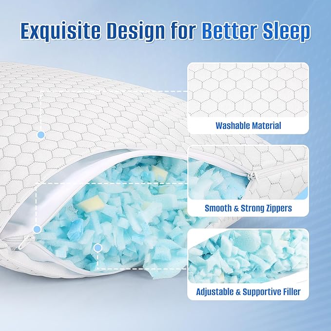 Shredded Memory Foam Pillow for Sleeping, Cooling Bed Pillows Set of 2, Adjustable Pillows for Side, Back, Stomach Sleepers with Washable Pillowcase (King Size, Grey)