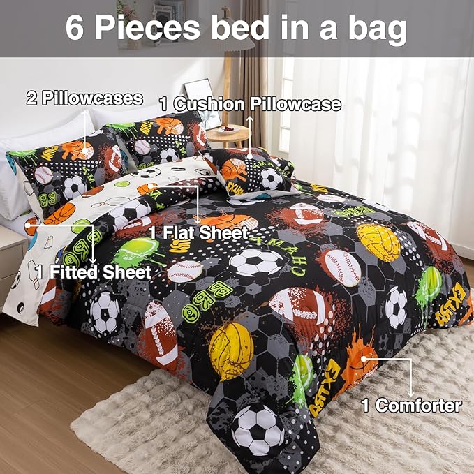 A Nice Night 6Pcs Bed in A Bag Full Sports Microfiber Comforter Set,Black Rugby Ball Basketball Printed Bedding Collections,for Boys Kids Teen