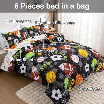 A Nice Night 6Pcs Bed in A Bag Full Sports Microfiber Comforter Set,Black Rugby Ball Basketball Printed Bedding Collections,for Boys Kids Teen