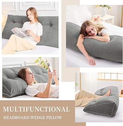 Sasttie Headboard Pillow Twin/Twin XL, Wedge Pillow Headboard for Dorm, Triangular Daybed Backrest Cushion for Sitting or Reading in Bed, with Removable Washable Cover, Light Grey