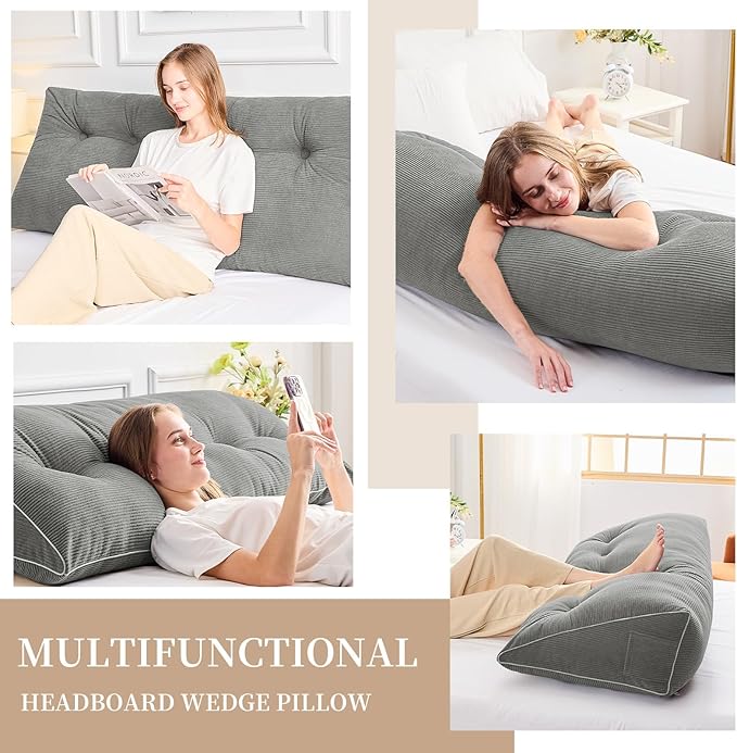 Sasttie Headboard Pillow Queen, Triangular Wedge Pillow Headboard, Wedge Headboard Pillow for Bed Sofa, Daybed Pillows for Sitting up, Reading or Working with Removable Cover, Light Grey