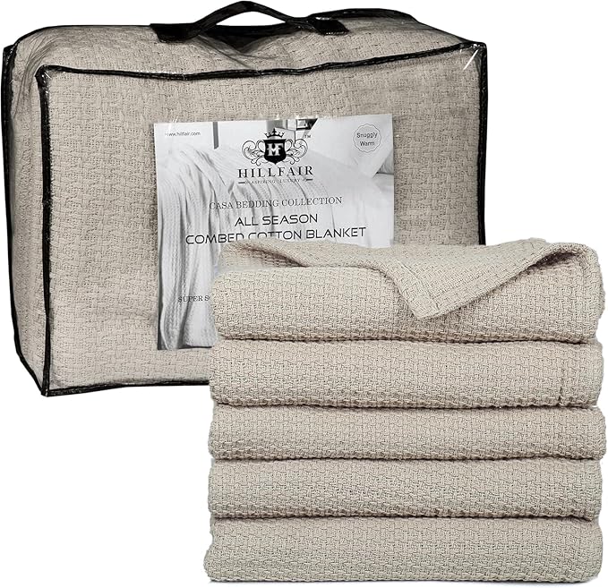 HILLFAIR 100% Cotton Blanket- 120" x 120" XXL Oversized King Bed Blankets - Family Size 10 ft x 10 ft Big - All Season Soft Cozy Breathable Blankets for Bed - Extra Large King Cotton Blanket- Sand
