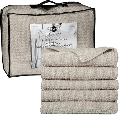 HILLFAIR 100% Cotton Blanket- 120" x 120" XXL Oversized King Bed Blankets - Family Size 10 ft x 10 ft Big - All Season Soft Cozy Breathable Blankets for Bed - Extra Large King Cotton Blanket- Sand