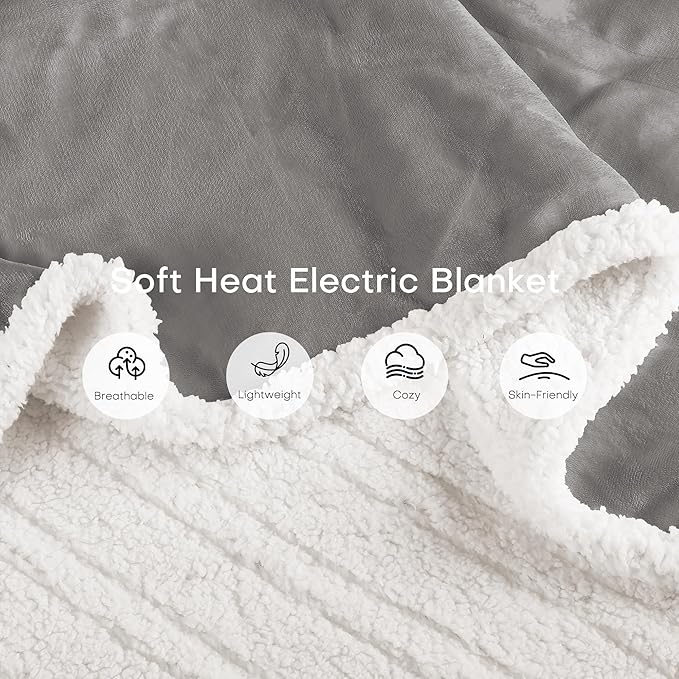 Electric Heated Blanket Throw Size 50"x60" - Dual-Sided with Microplush & Sherpa Fabric, 4 Heat Settings & 3 Hours Auto Off, Machine Washable - Light Gray