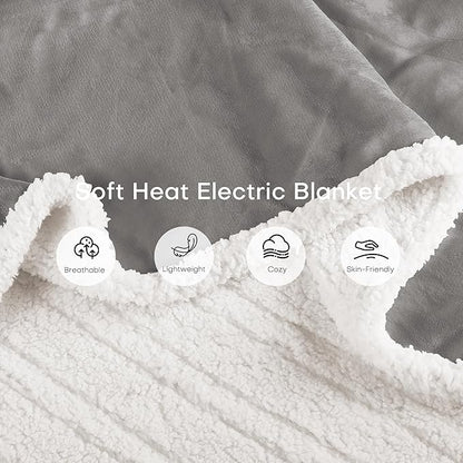 Electric Heated Blanket Throw Size 50"x60" - Dual-Sided with Microplush & Sherpa Fabric, 4 Heat Settings & 3 Hours Auto Off, Machine Washable - Light Gray