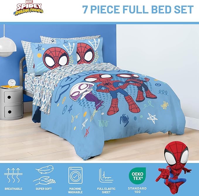 Jay Franco Kids Comforter Set Includes Sheets and Pillow Covers - Soft and Cozy Bed Set for Stylish Room Decor, Light Blue - Spidey & His Amazing Friends, 7 Piece Full Bedding