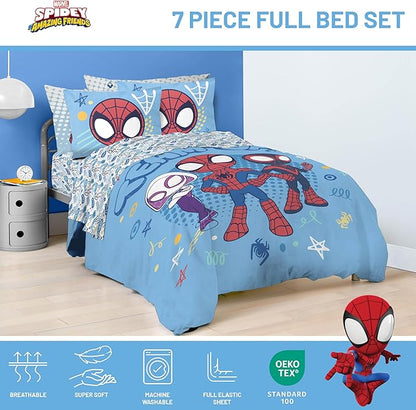 Jay Franco Kids Comforter Set Includes Sheets and Pillow Covers - Soft and Cozy Bed Set for Stylish Room Decor, Light Blue - Spidey & His Amazing Friends, 7 Piece Full Bedding