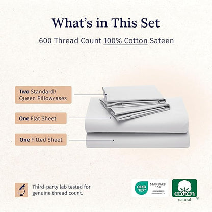 California Design Den Full Bed Sheets Set - Luxury 600 Thread Count Sateen, Natural 100% Cotton Bedsheets, Fully Elasticized Deep Pockets, Crisp, Cool and Durable Hotel Quality Bedding - Light Silver