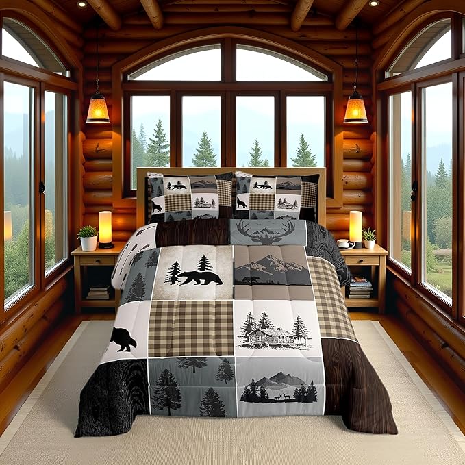 Bear Deer Comforter Set Queen Size,Brown Geometric Check Patchwork Bedding Set Wild Animals Hunt Adventure Quilted Duvet Boys Girls Men Teens Bedroom Decor Rustic Country Cabin Duvet Insert 3pcs